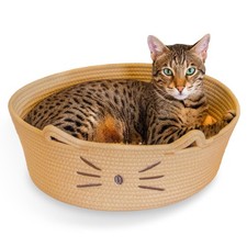 Bed  Basket Retreat 2-in-1 Cat Bed W/ Removable Cushion Plush Cotton Rope Tan