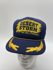 Vintage 1990's DESERT STORM WE WILL PREVAIL Snapback Trucker Hat Cap Gold Leaf