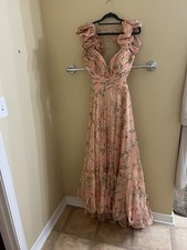 Mac Duggal - Women  s Tiered Pink Floral Chiffon Gown, cutout back, size 10