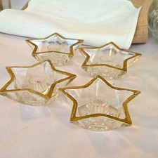 Set of 4 Clear Glass Star Tea Light Candle Holders, Gold Rim Freestanding