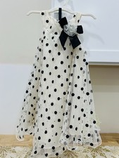 Bonnie Jean Girls A-Line Long Dress Ivory Black Polka Dot Bow Flower Size 4