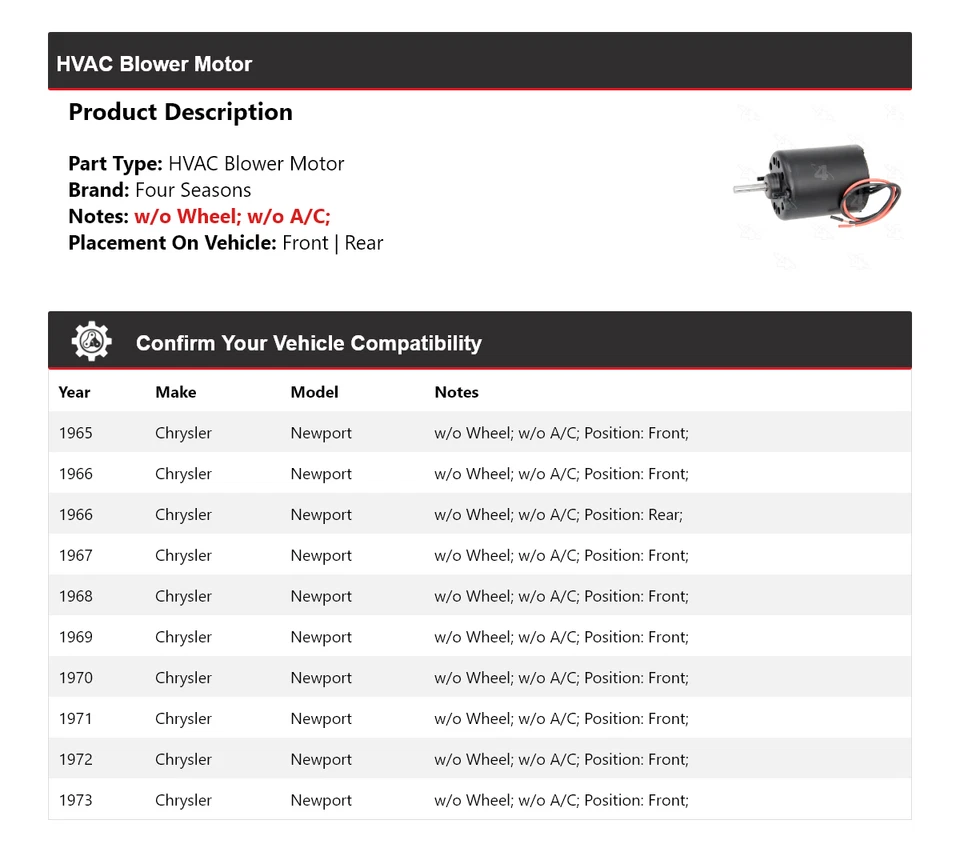 Motor soplador de climatización para Chrysler Newport 1965-1973 4 estaciones 1966 1967 1968 1969 Foto 2 de 4