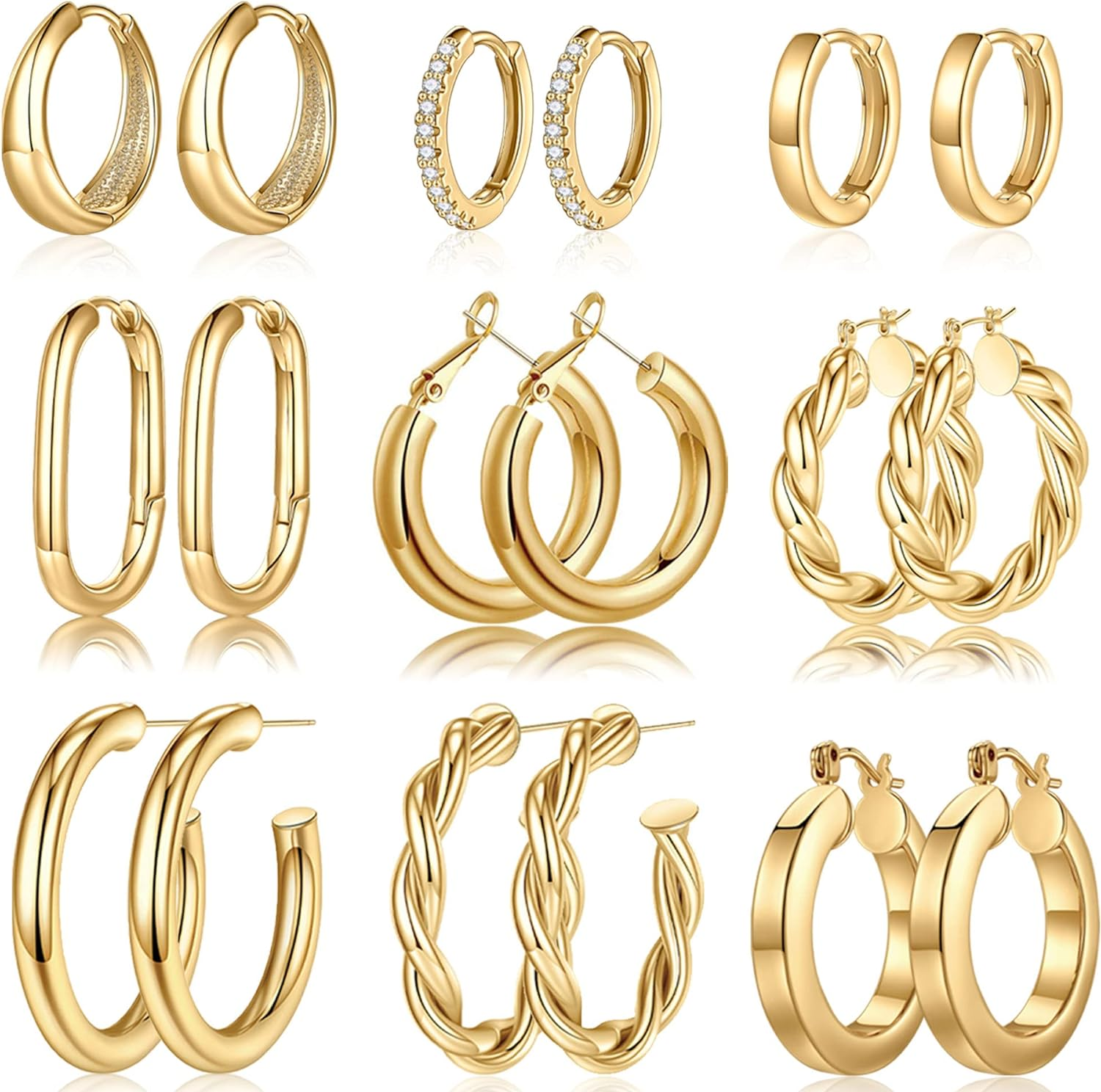9 Pairs Gold Hoop Earrings for Women, 14K Real Gold Plated Chunky Hoop Earrings