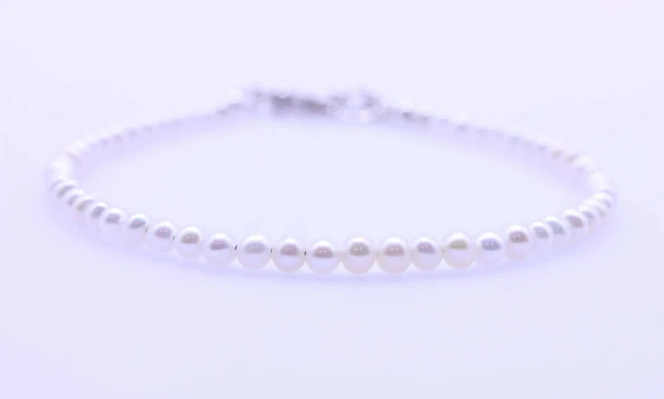 Brazalete Clásico Pequeño de Perlas, 4mm Blanco Agua Dulce Perla Semilla Cuentas Pequeño Delicado Foto 4 de 4