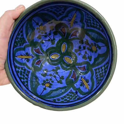 CLEARANCE Vintage Safi Morrocan Signed Pottery Bowl Blue Appx 7  Catch All BOHO