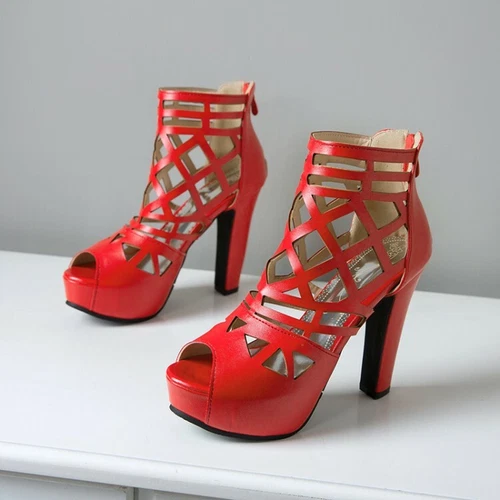 Sandalias de plataforma para damas Peep Toes tamaño grande bloque tacones altos zapatos huecos cremallera - Imagen 9 de 22