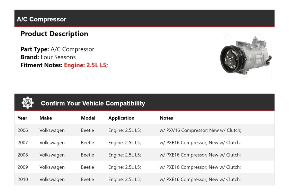 Compresor de aire acondicionado para Volkswagen Beetle 2006-2010 2,5 L L5 4 estaciones 2007 2008 2009 Foto 2 de 4