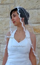 BRIDAL BEADED LACE  VEIL FINGERTIP LENGTH IN SINGLE TIER MANTILLA, NARROW CUT