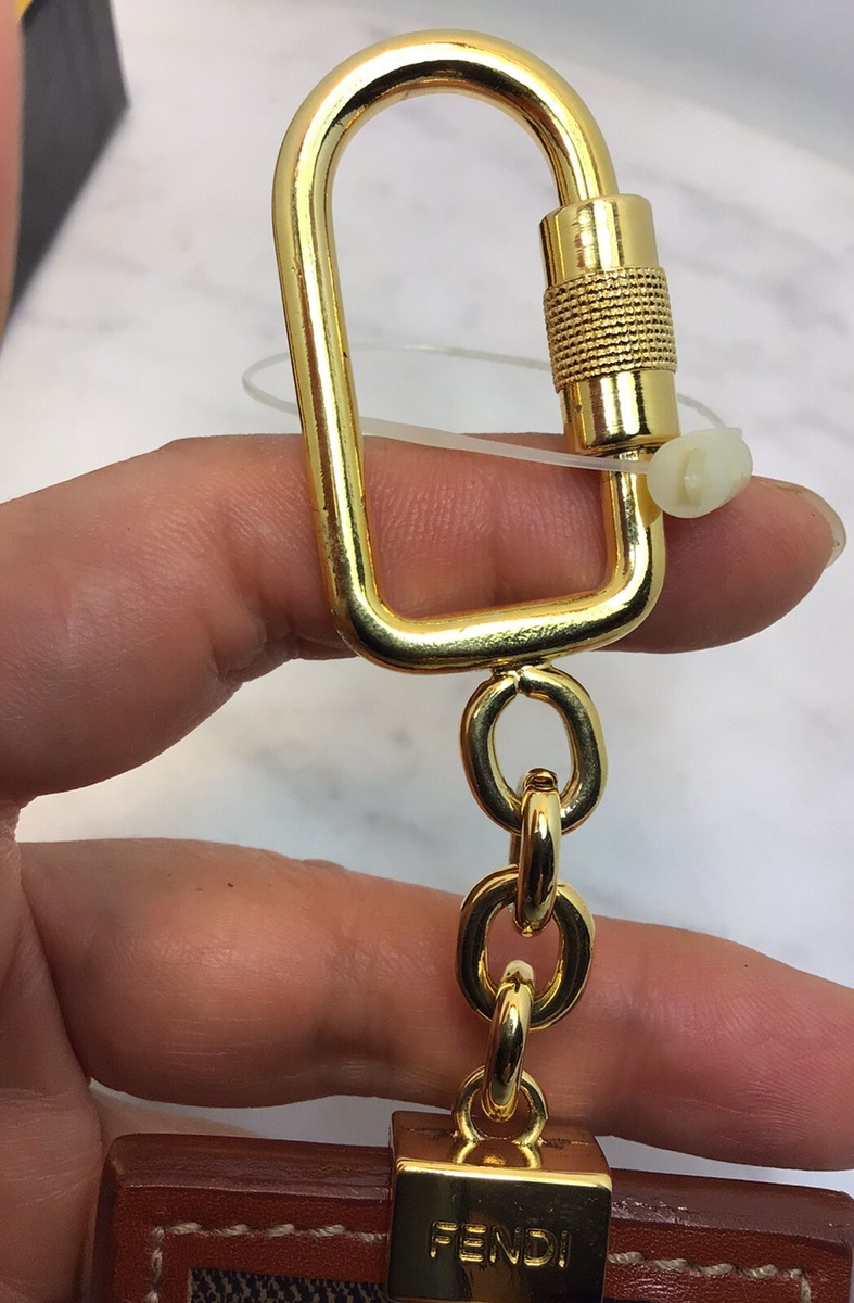 Vintage FENDI Gold Tone Leather Trim Logo Keychain Key Ring New W