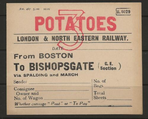 c28113 LONDON & NORTH EASTERN RAILWAY POTATOES Boston - Bishopsgate label Unused - Afbeelding 1 van 1