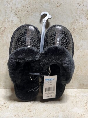 Girls Black Sequin fur slippers