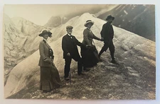 Mountain Alps ? Hikers Climb RPPC Postcard Ice Axe Women Dresses Hats Men Peaks