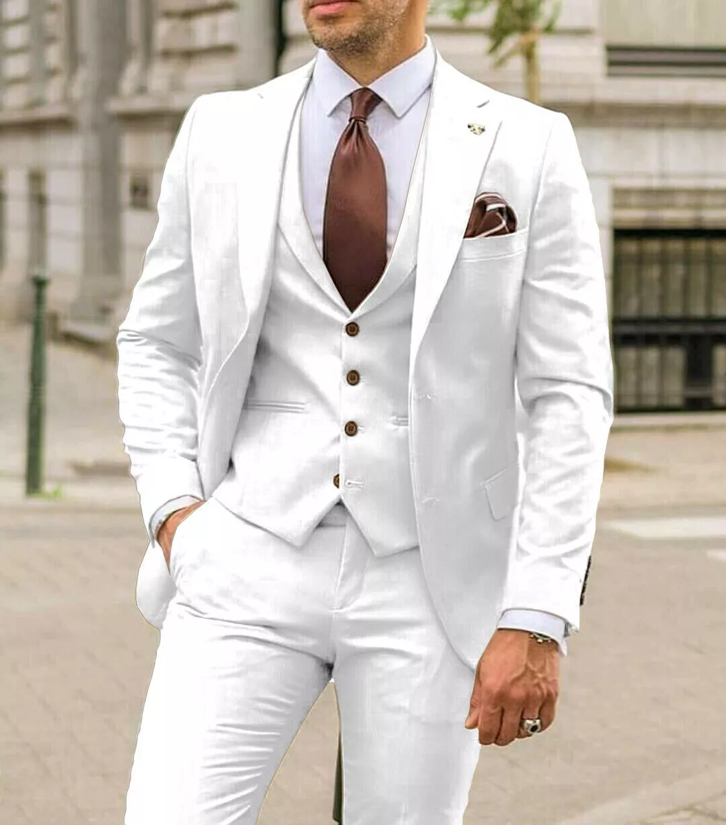 White Men's Slim Fit Suit Formal Prom Party Dinner Groom