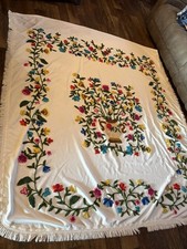 Vtg Sears Folk Art Embroider Coverlet Crewel Flower Bedspread Fringe Chic 102x87