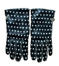 Moschino Made in Italy Black Leather Gloves Off White Hearts Logo Charms 6.5
