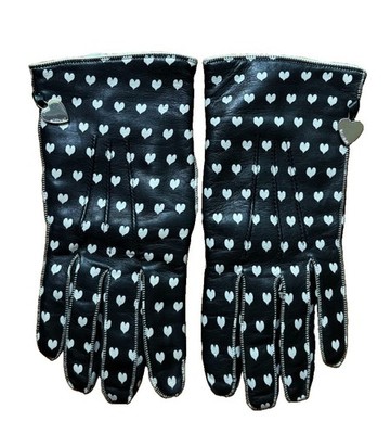 Moschino Made in Italy Black Leather Gloves Off White Hearts Logo Charms 6.5