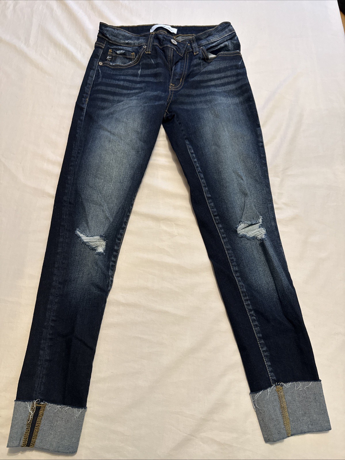 KanCan Women's Skinny Jeans Size 5/26, Dark Blue Denim, Mid-Rise, 5-Pocket