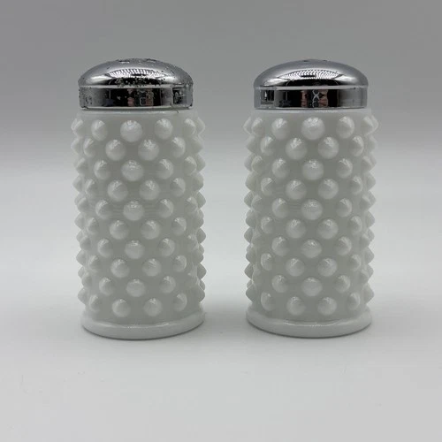 Fenton Vintage White Milk Glass Hobnail Salt & Pepper Shaker Set Chrome Lids 3”