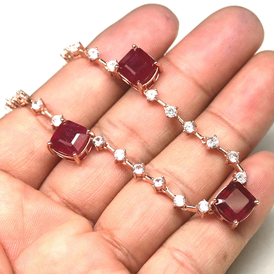 925 Sterling Silver 9 x 9 mm. Red Ruby & Zircon Necklace 17 in Rose Gold Coated - Image 2 of 4