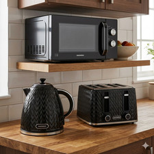 Daewoo ARGYLE 1.7L 3000W Kettle 4-Slice Toaster & Large 23L Microwave Set Black
