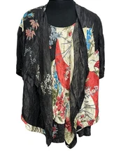 Citron Santa Monica Blouse & Tank 2 Pc Womens 2XL Black Red Floral Silk Blend