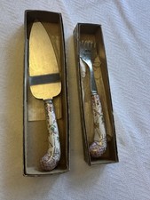 VTG Sheffield England 10” Cake Server & Fork Stainless Steel, Porcelain Handles