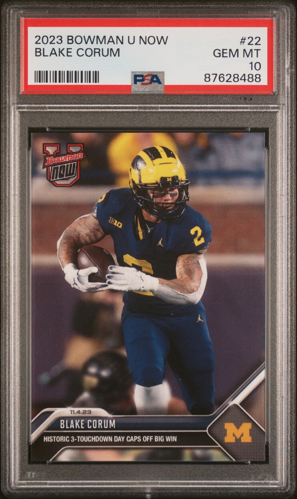 Blake Corum 2023 Bowman U Now #22 Historic 3-TD Day PSA 10 Gem Mint Michigan