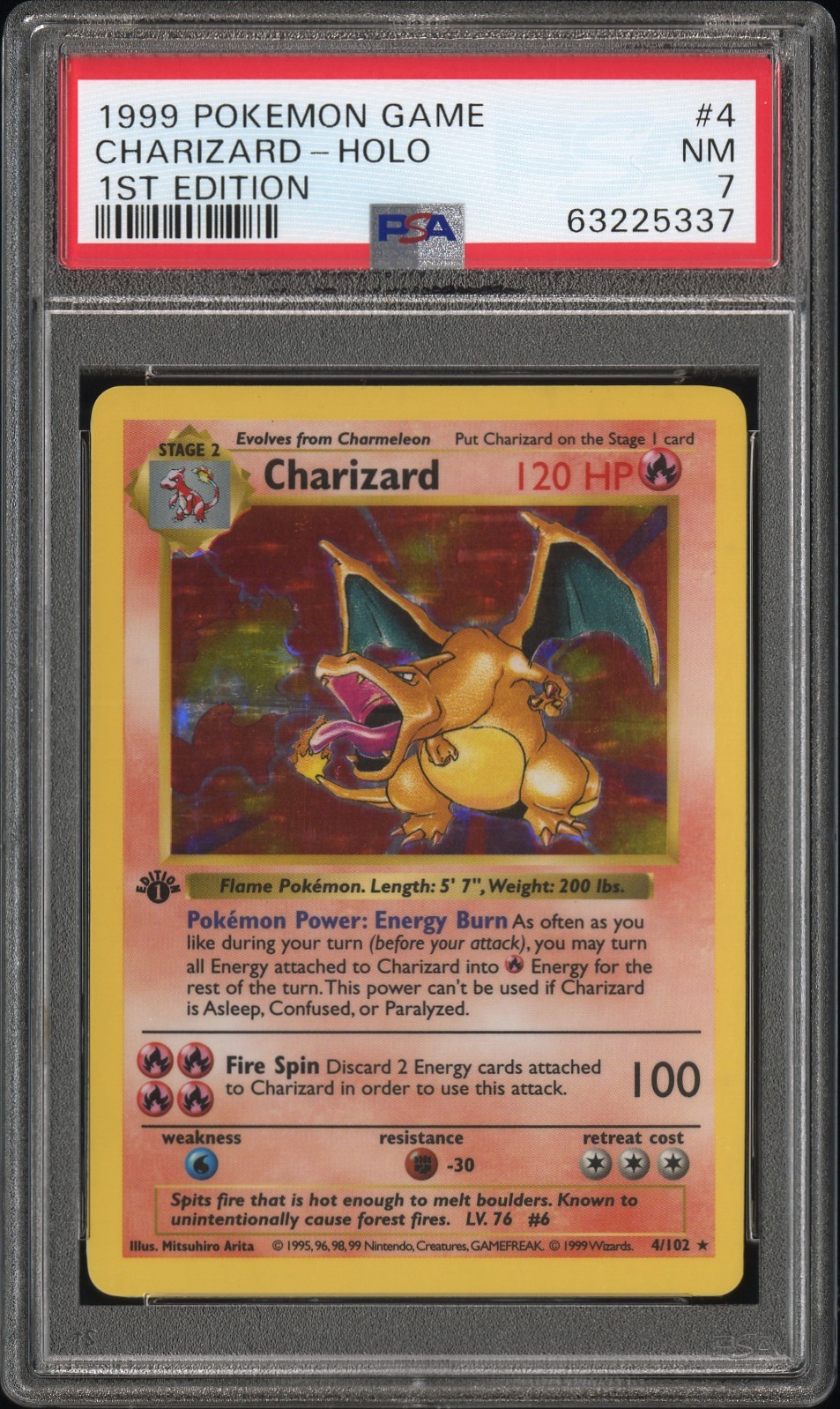 PSA 7 NM Charizard 1999 Base Set 1st Edition Shadowless 4/102 Holo Pokemon Card