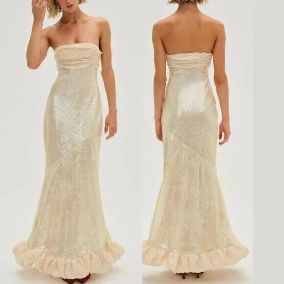 NEW FOR LOVE AND LEMONS KESSIE OFF THE SHOULDER SEQUIN CREAM MAXI GOWN DRESS M - Image 2 of 4