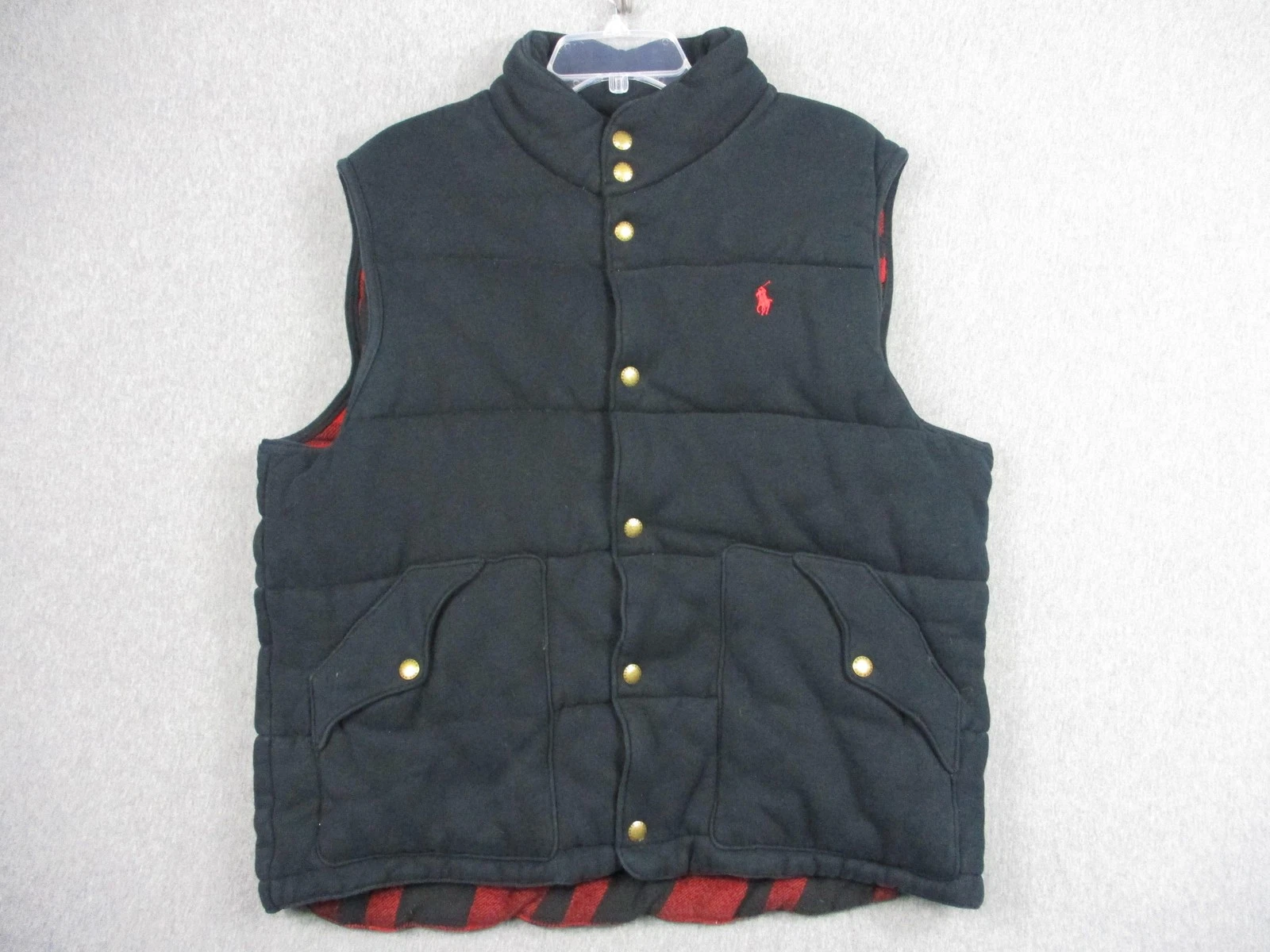 Polo Ralph Lauren Vest Mens XL Black Quilted Fleece Snap Pockets Plaid Lined
Opens in a new window o