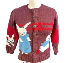 VTG 1940s Cowichan Handknit Wool Sweater Peter Rabbit Intarsia Fairy Tale OOAK S