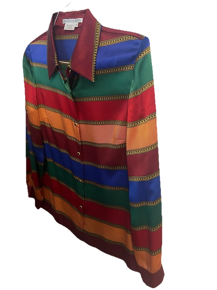 Vintage Maggy London 100% Silk Long Sleeve Blouse Vibrant Colors Size 8 - Image 2 of 4