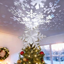 Christmas Tree Topper Lighted with Snowflake Projector, Led Rotating Silver