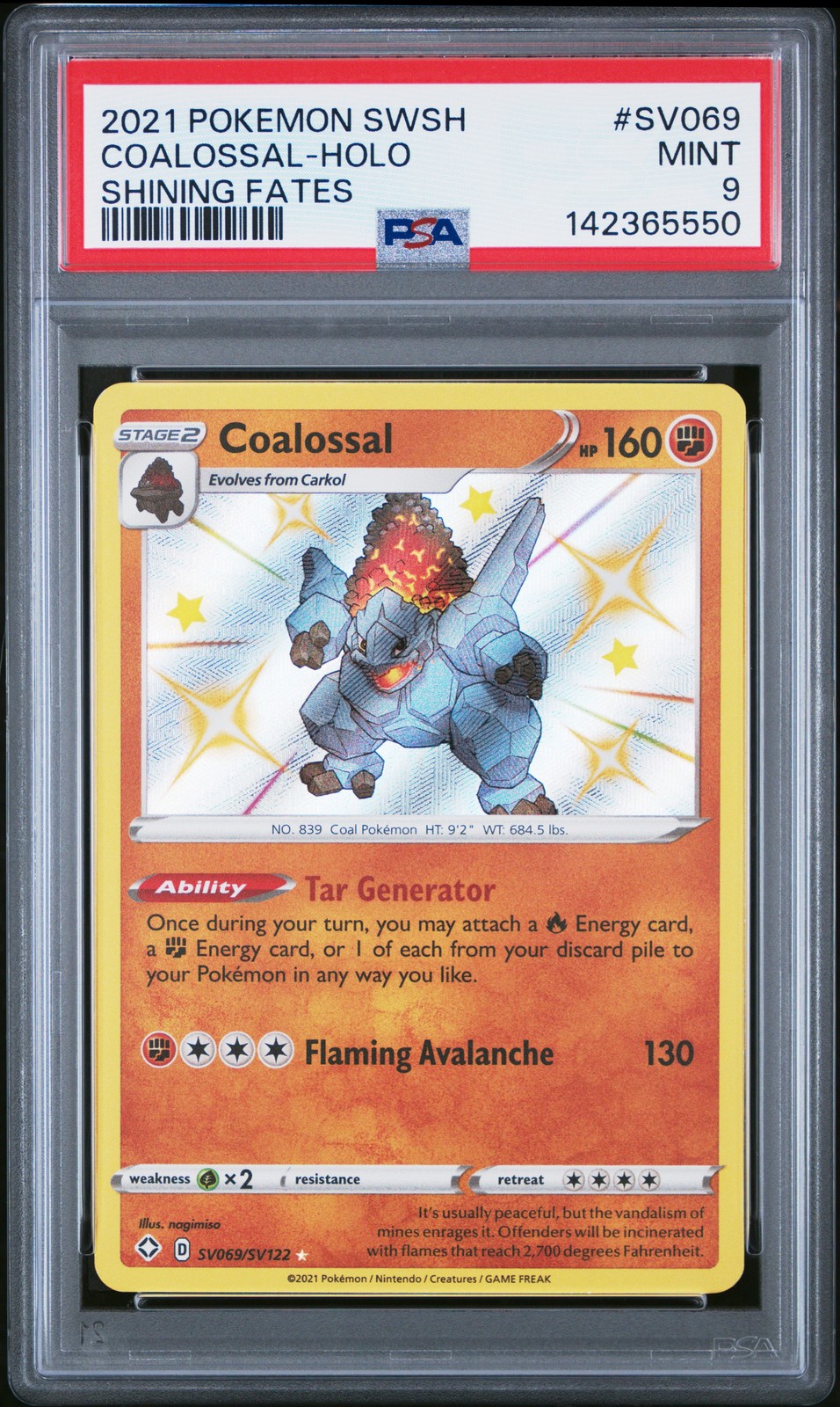 2021 POKEMON SWORD & SHIELD SHINING FATES #SV069 COALOSSAL-HOLO PSA 9