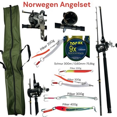 Norway Angelset Komplettset 210cm Rute Bootsrute Rolle Pilker Schnur Tasche