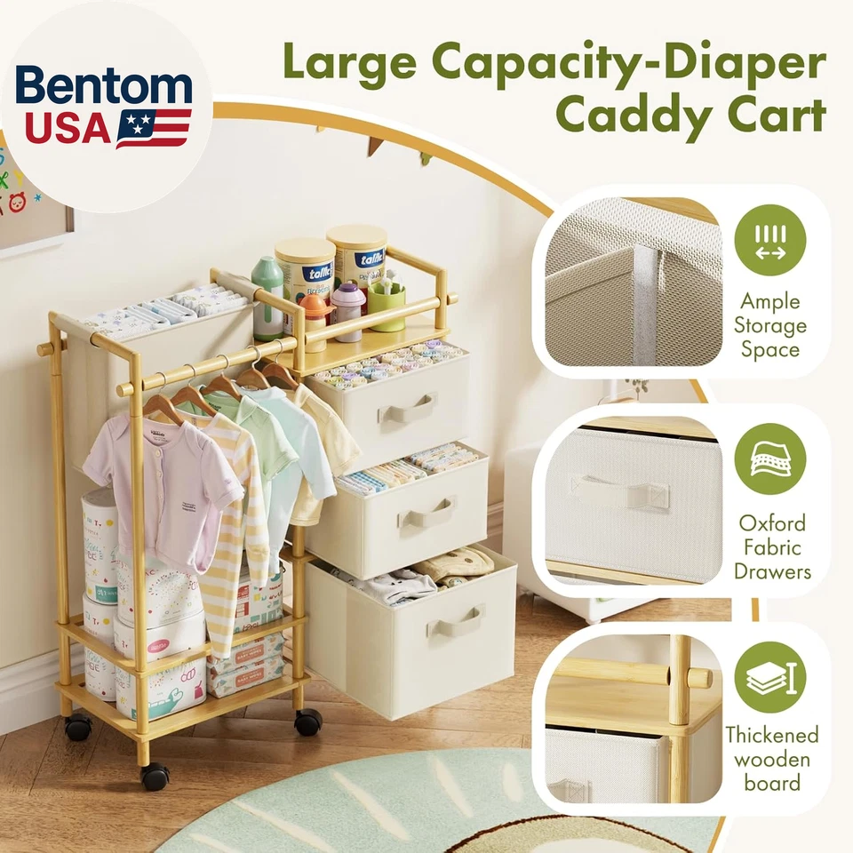 Carro organizador de pañales de bambú para bebé - Carro rodante de 3 niveles con divisores y re Foto 4 de 4