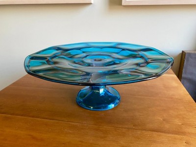 Rare 1960s Westmoreland Ashburton Peacock Blue Glass Pedestal Cake Stand - EUC
