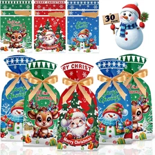 30 Pcs Merry Xmas Gift Bags - Christmas Drawstring Goodie Bags, Blue Red Green P