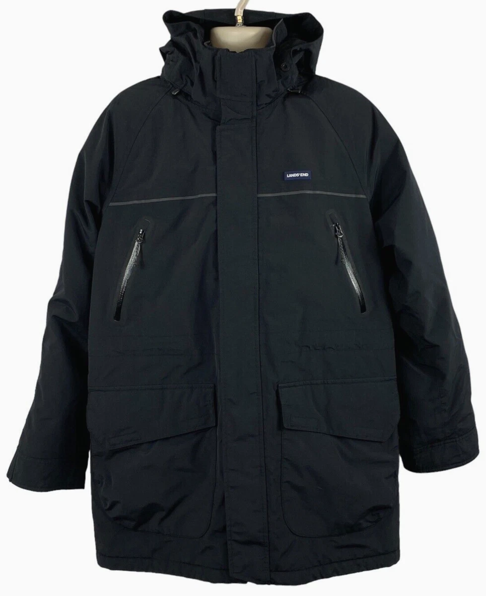 Lands End Mens Squall Parka Coat Size L 42 44 Black Hooded Waterproof Windproof