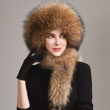 2024 Women Fox Fur Hat Russian Hat Ushanka Ski Cap Neck Warm Collar Long Scarves