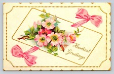 Heartiest Greetings Pink Flowers And Bows VINTAGE Postcard