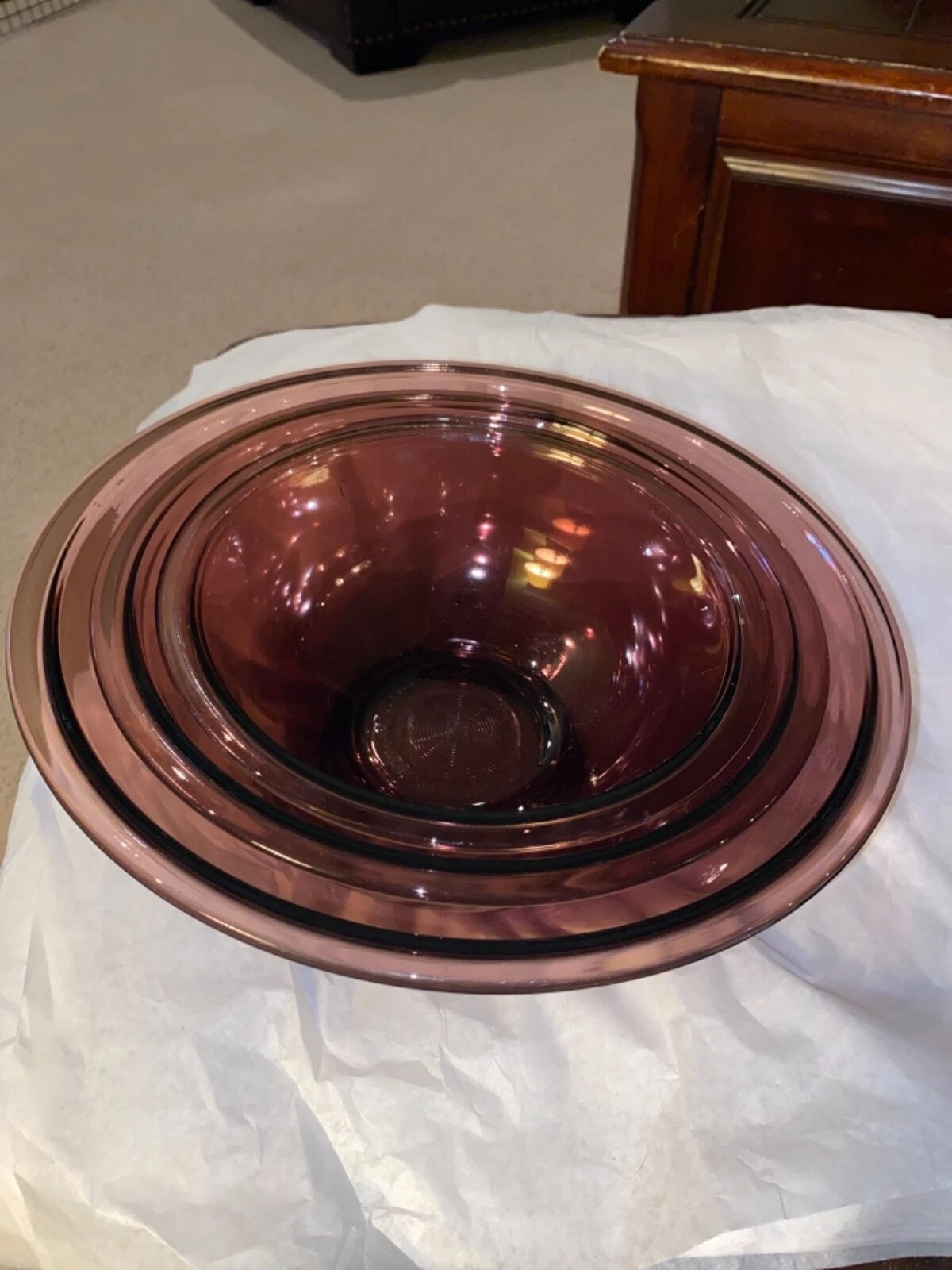 Vintage Pyrex Vision Set of 3 Purple Cranberry Nesting Mixing Bowls 322 323 325