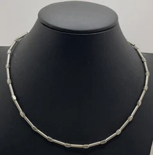 Simple Silver Tone Oval & Long Cylinder Necklace 16" Fashion Jewelry Unmarked