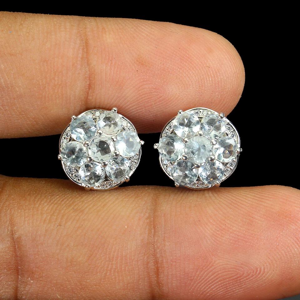 925 Sterling Silver Round Blue Aquamarine 4mm Simulated Cz  Earrings - Image 2 of 4