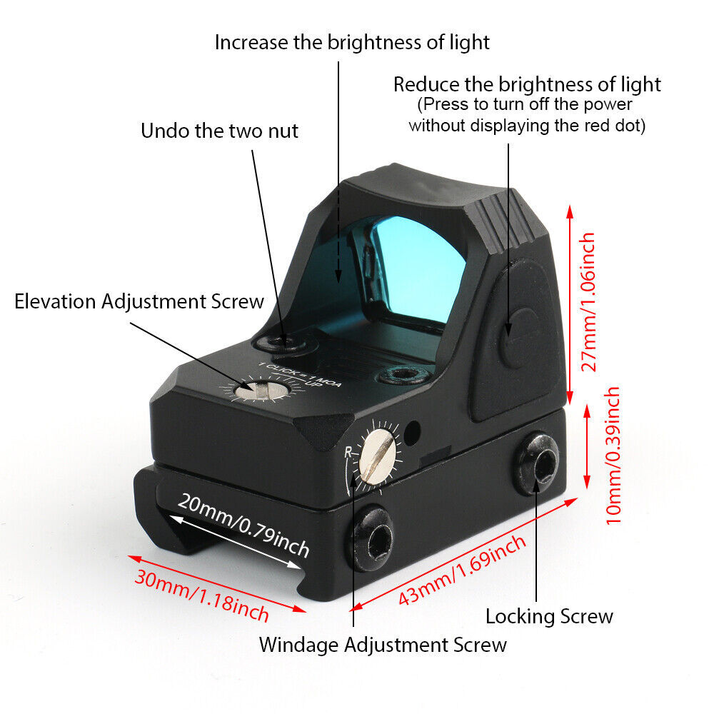 Mini Red Dot Reflex Sight RMR For Pistol Glock 17/19 – 20mm Mount, 1x Magnification