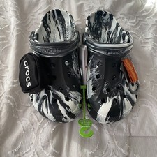 Crocs Baya Marbled Slip On Clogs Men 6 / Women 8 Black White Pouch Carabiner