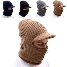 Men Fleece Lined Winter Warm Hat Knit Visor Beanie Billed Beanie with Brim Caps