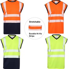 Mens Hi Viz Vis Visibility Sleeveless T-Shirt Reflective Stretchable Work Tee