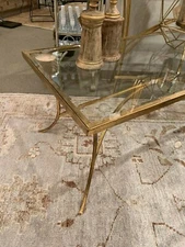 ALAYNA AGED GOLD LEAF METAL COFFEE COCKTAIL TABLE TEMPERED GLASS TOP 24639