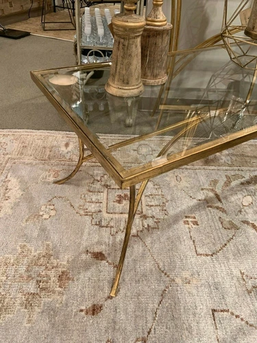 ALAYNA AGED GOLD LEAF METAL COFFEE COCKTAIL TABLE TEMPERED GLASS TOP 24639 - Picture 1 of 5